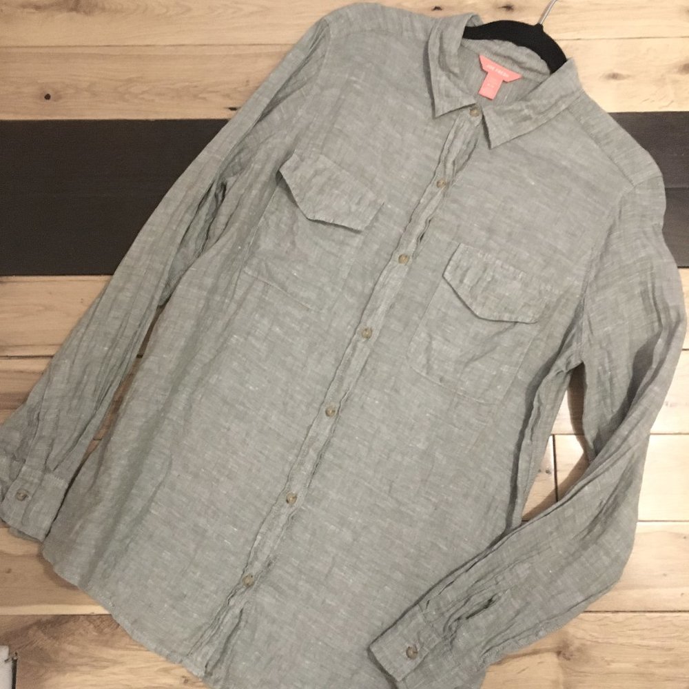 100% Linen Neutral Beige Button Down Utility Shirt Oversized XS Coastal Joe Fres - Picture 6 of 13